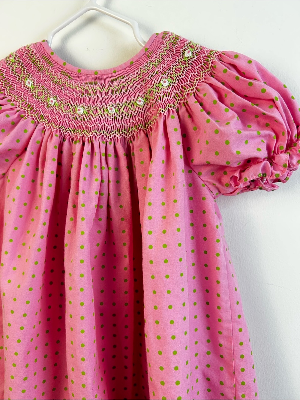 Rosalina’s Collection Smocked Pink Baby Girl Dress with Pretty Green Flowers - Picture 5 of 5